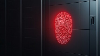Cyber security Awareness password network concept. Futuristic fingerprint scanner on a dark wall illuminated in red.