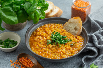 Vegetarian lentil soup in bowl