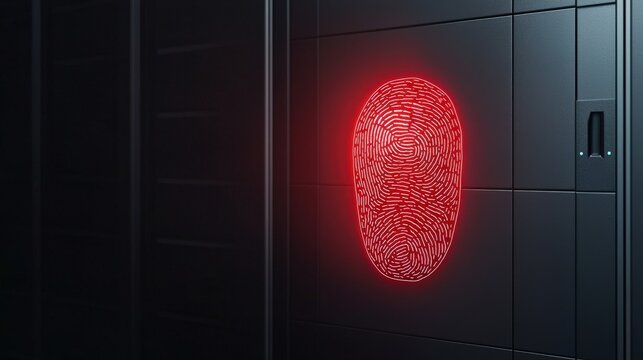 Cyber security Awareness password network concept. Futuristic fingerprint scanner on a dark wall illuminated in red.
