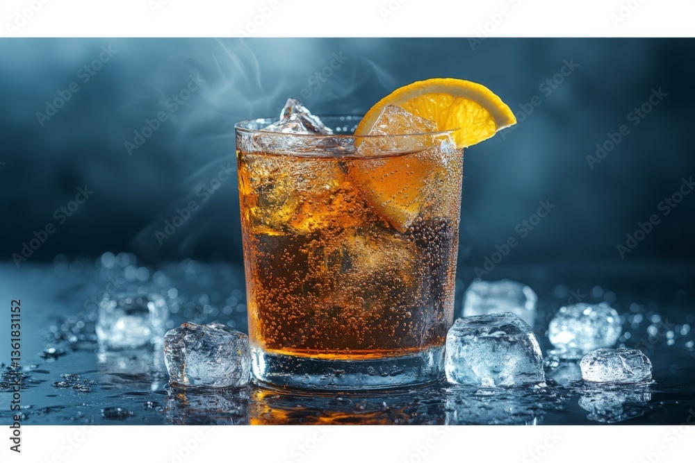 Poster Refreshing drink with ice and citrus garnish served on a textured surface in a cool atmosphere