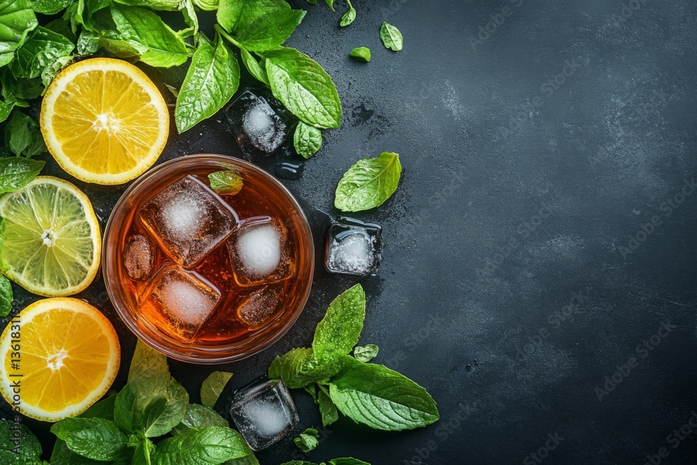 Poster refreshing iced tea with fresh mint and citrus on a dark countertop in a vibrant, inviting setting d