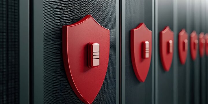 Cyber security Awareness password network concept. Red shields on a black backdrop in a modern design setting.