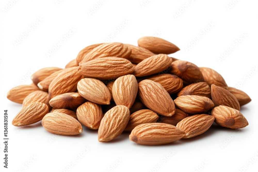 Poster almonds piled on a white surface showcasing their natural texture and color