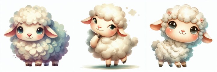 Adorable Cartoon Sheep Collection with Dreamy Eyes on a White Background