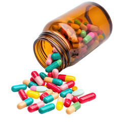 Pills spilling from a medicine bottle. Concept of medication, healthcare, and pharmaceutical products.