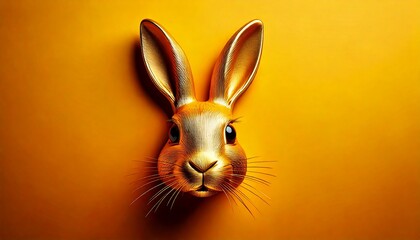 Obraz premium Easter day Golden rabbit sculpture, realistic animal head, mounted on yellow wall, 3D art, metallic texture, dramatic lighting, high contrast, studio photography, minimalist composition, decor, 
