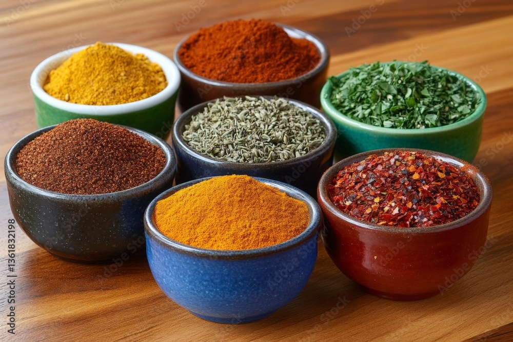 Poster colorful selection of spices arranged in bowls on a wooden surface in a kitchen setting