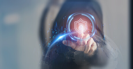 SSL, Secure Sockets Layer, cybersecurity concept. Touch screen on digital icons representing cybersecurity concepts such as SSL, cloud security and malware detection.