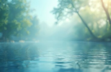 Obraz premium Abstract calm water surface with soft bokeh light effects. Sky reflection on water, sea or lake. Fresh natural background for beauty products ads, cosmetics, spa, skincare, perfume.