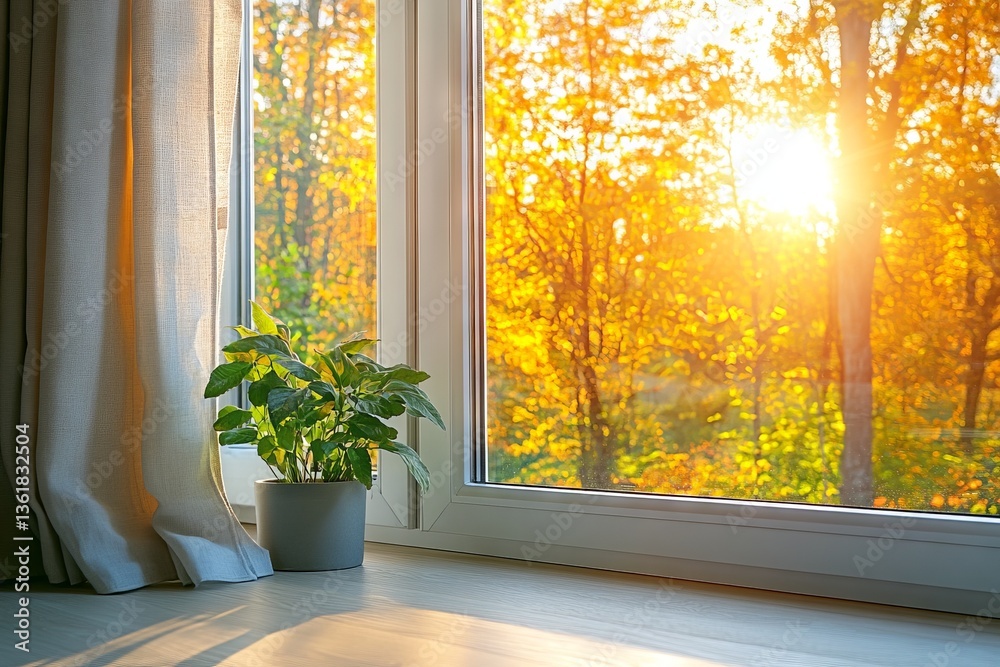 Poster Sunlight streaming through a window illuminates a houseplant in a serene autumn landscape