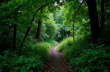 Obraz premium path to green natural park. forest with trees and bushes. walking or cycling in nature outdoor in summer