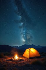 Camping tent under starry night sky with campfire in mountains. Perfect outdoor adventure getaway, travel to explore nature, enjoy beauty. Nightscape, scenic view of mountains and stars.