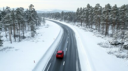 Obraz premium Scenic Winter Drive: A Red Car on a Snow-Covered Highway