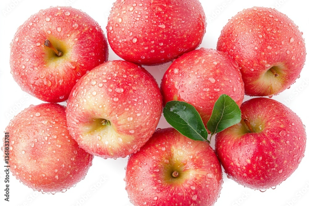 Aufkleber Fresh red apples with water droplets arranged in a circular pattern on a white background
