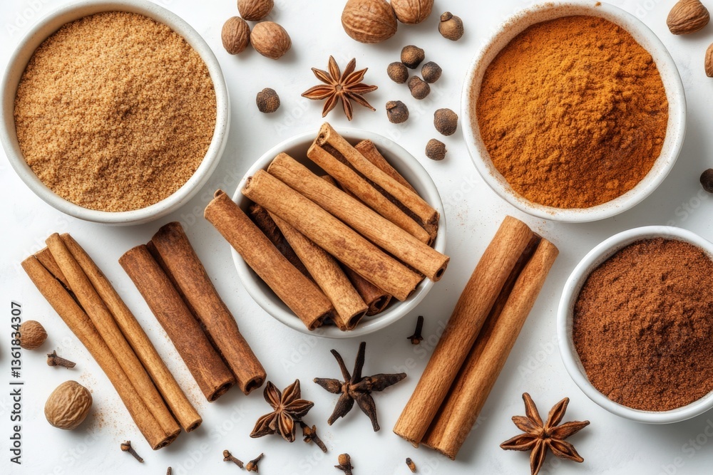 Poster spices and herbs arranged artfully on a white surface ready for culinary use and flavor enhancement