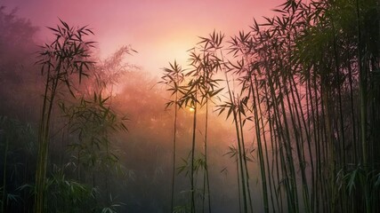 Obraz premium A serene bamboo grove shrouded in mist, with a soft sunrise illuminating the scene.