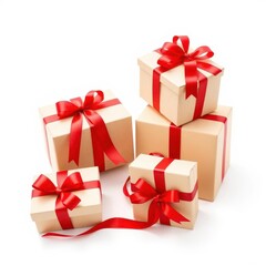 Obraz premium Eco-friendly gift boxes with red ribbons, isolated on white, design, gift wrap, detail