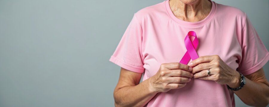Elderly woman pink T-shirt holding pink ribbon, breast cancer awareness symbol. October, Breast Cancer Awareness month. World cancer day concept. Health care and disease prevention.