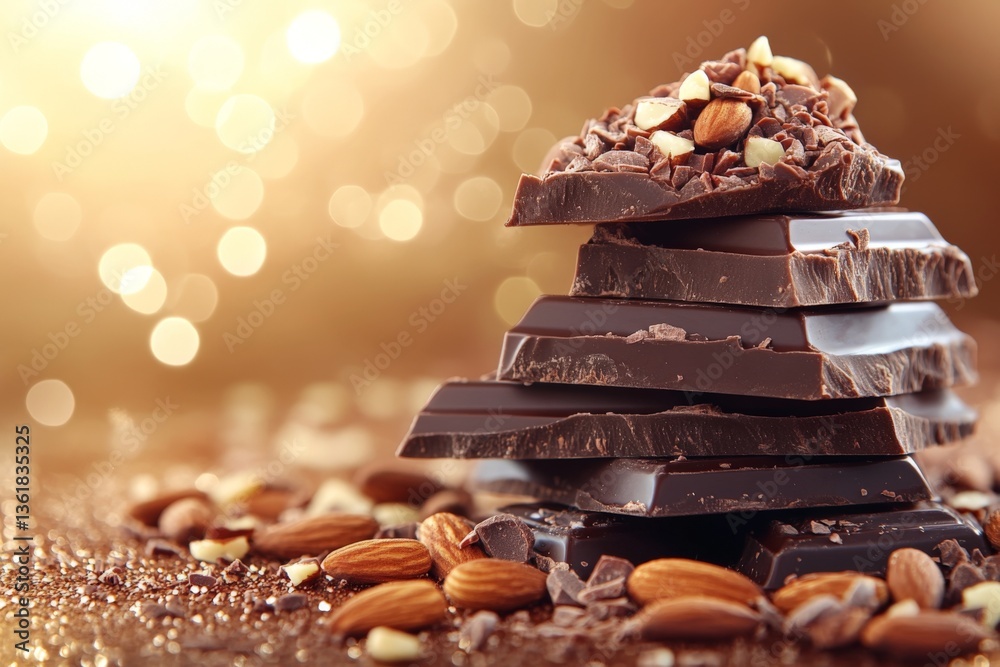 Aufkleber Chocolate blocks stacked with chopped nuts on a shiny surface during a warm evening