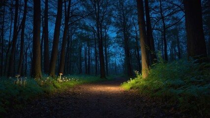 Fototapeta premium A serene forest path illuminated by soft light, creating a tranquil atmosphere in the evening.