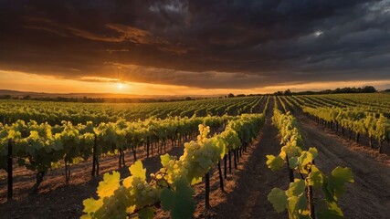 A picturesque vineyard at sunset, showcasing rows of grapevines under dramatic clouds.