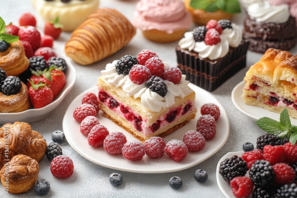 Poster display of assorted desserts featuring berries and whipped cream at a bakery setting during daylight