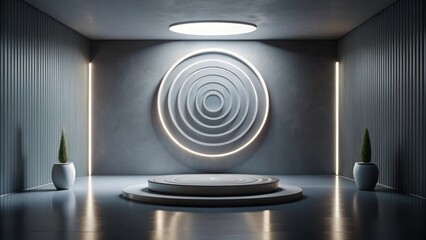 Fototapeta premium Modern Minimalist Product Display Platform with Concentric Circle Wall Art and Planters