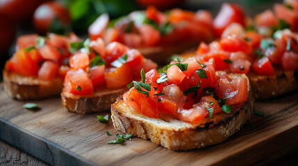 Close up of bruschetta with tomatoes and basil on a wooden board ready to be served as appetizer