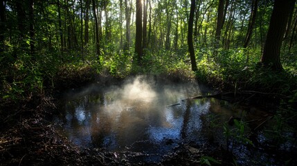 Obraz premium Misty pond surrounded by lush greenery in a sunlit forest during early morning hours