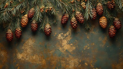 a close up of cypress cones hanging from vibrant green needles set against a soft earthy background the image captures natural textures,evokes a sense of calm growth,rustic beauty