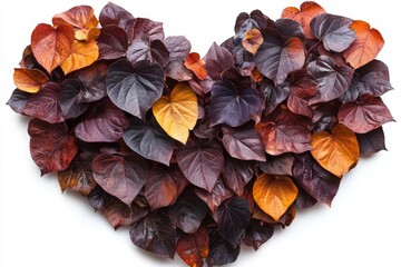 Fototapeta premium Colorful heart shape created with various autumn leaves arranged artistically on a white surface