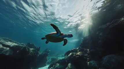 Obraz premium Deep Sea Turtle Gliding Through Sunlit Ocean Waters