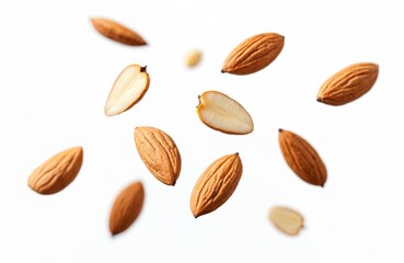 Obraz premium Almond nuts flying isolated on white background. Healthy snack kernels falling in transparent backdrop. Food ingredient, vegan diet, raw product for breakfast, cooking, lunch, dinner.