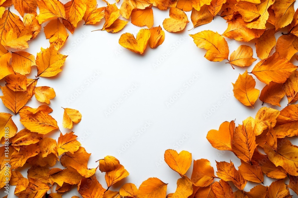 Poster colorful autumn leaves arranged in a heart shape on a white background creating a warm seasonal atmo