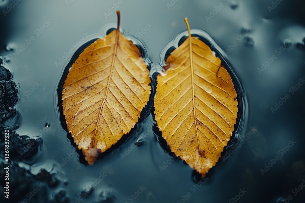 Poster autumn leaves floating in a puddle after rain in a serene outdoor setting