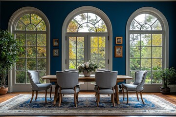 Fototapeta premium Blue and white dining room featuring an arched door, wooden floor, large rug, gray chairs, and an arched window, offering a charming display of home decor and interior design concepts.