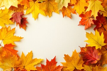 Fototapeta premium Vibrant autumn leaves in shades of yellow and orange create a natural frame on a light background for seasonal decor or crafts