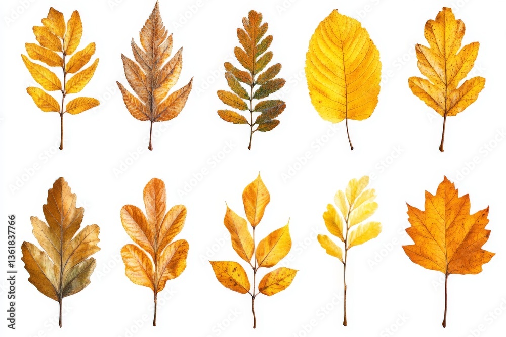 Poster colorful autumn leaves arranged in a grid showcasing various shapes and textures in the fall season