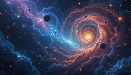 A swirling cosmic nebula with vibrant orange and blue hues features planets and stars creating a mesmerizing spiral galaxy scene perfect for science fiction or fantasy backgrounds.
