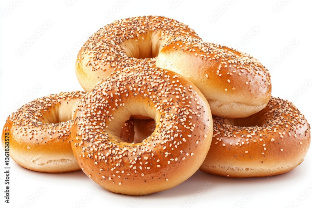 Poster freshly baked sesame bagels stacked on a white background displaying a golden, shiny texture