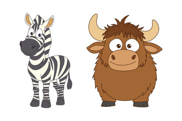 Cartoon zebra and yak with oversized eyes and simplified shapes. Perfect for children's illustrations and educational content. Vector set isolated on white.