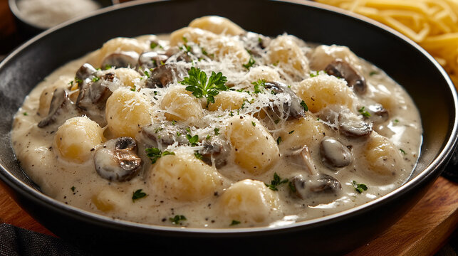 Close up of gnocchi with creamy sauce mushrooms and parmesan cheese in a dark bowl ready to serve