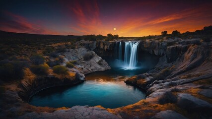 Fototapeta premium A serene waterfall cascades into a tranquil pool, illuminated by a colorful sunset sky.
