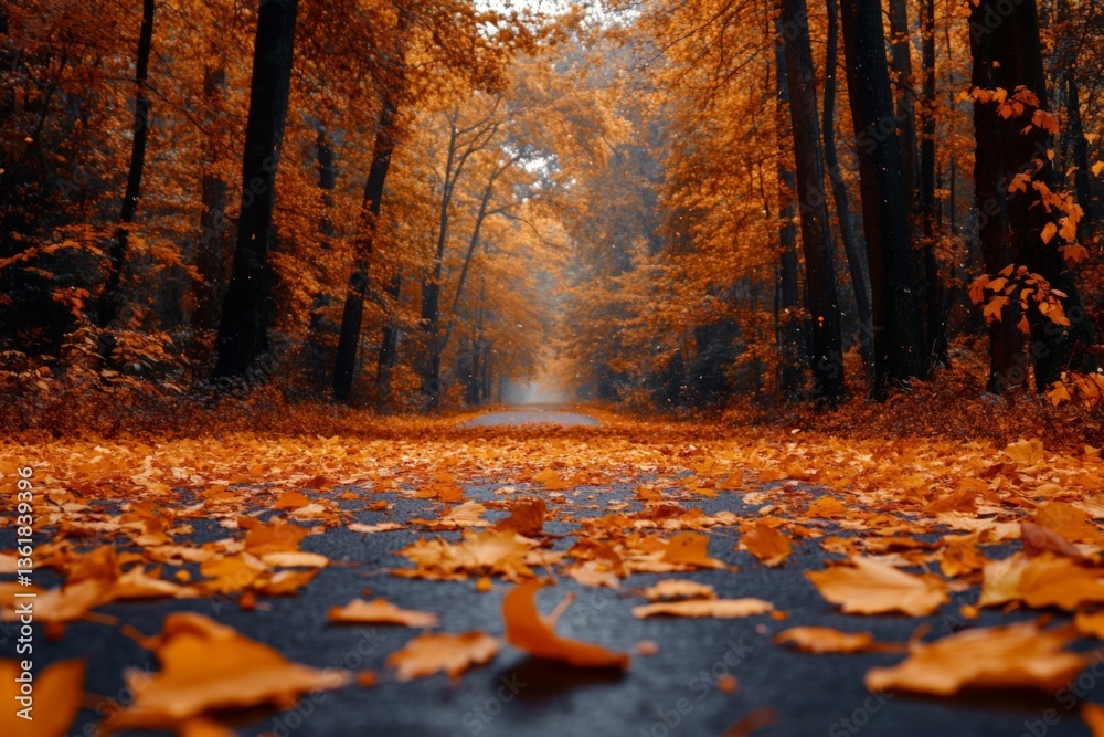 Poster vibrant autumn path lined with orange leaves in a serene forest setting at dusk