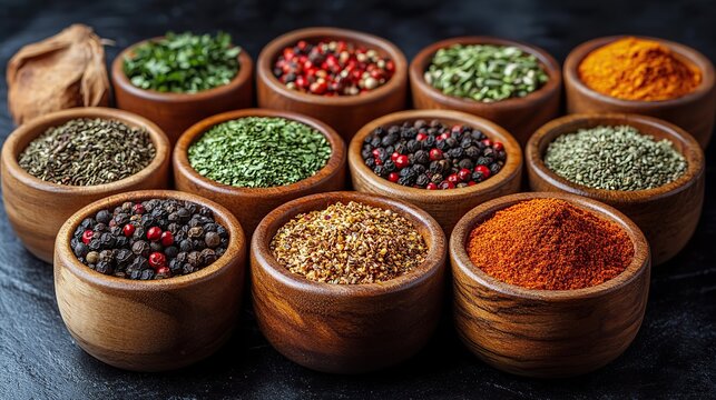 a collection of twelve wooden bowls filled with various dried herbs seeds spices,powders including bay leaves long pepper black cumin pumpkin seeds cumin seeds,fenugreek for culinary