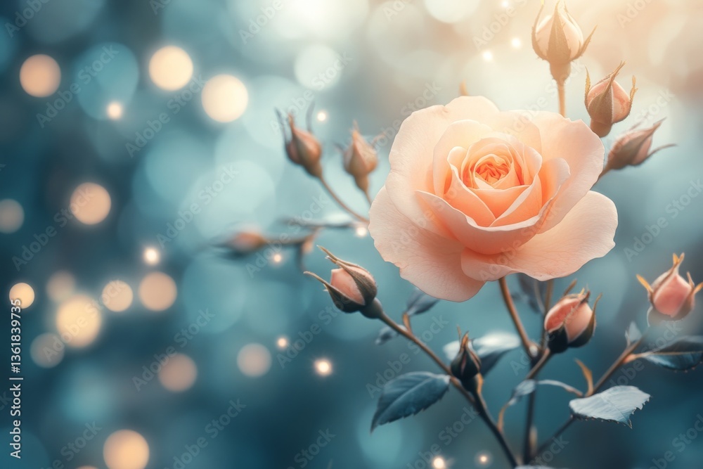 Poster soft pink rose blooms among delicate buds on a luminous bokeh background in a tranquil garden settin