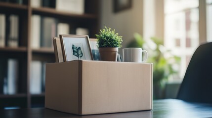 A box filled with personal items sits on an office desk, illuminated by warm sunlight, signifying a new beginning or farewell.