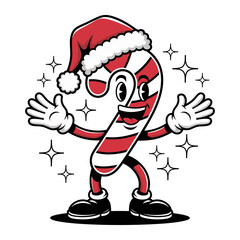 Cartoon candy cane character wearing Santa hat, smiling spreading festive cheer, vector illustration