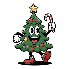 Cartoon Christmas tree character holding candy cane