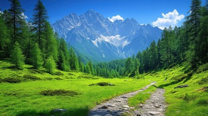 Obraz premium Alpine Meadow Path to Majestic Peaks